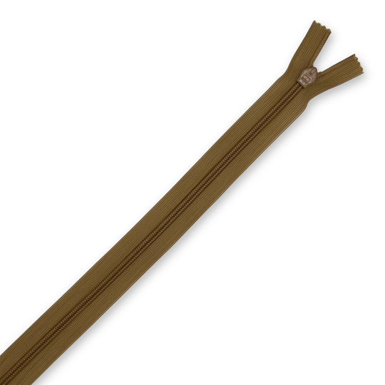 Closed-end dark olive zipper laid flat on a neutral background, showing teeth, pull tab and fabric tape for sewing or bag making. image number