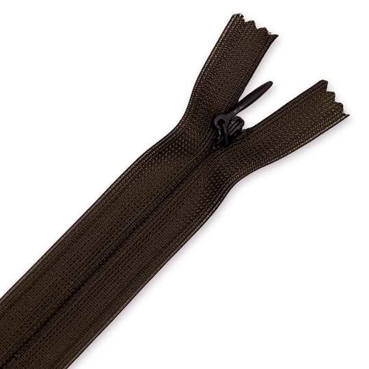 Dark brown closed-end sewing zipper laid flat on a light background, teeth and pull tab clearly visible for garment or bag projects. image number