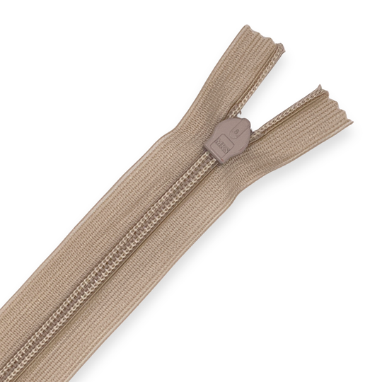 Beige closed-end zipper with plastic teeth and pull tab, shown on a white background for garment or bag sewing projects image number