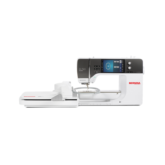 BERNINA 790 ULTRA sewing and embroidery machine, front view with embroidery module attached and color touch screen showing stitch settings image number