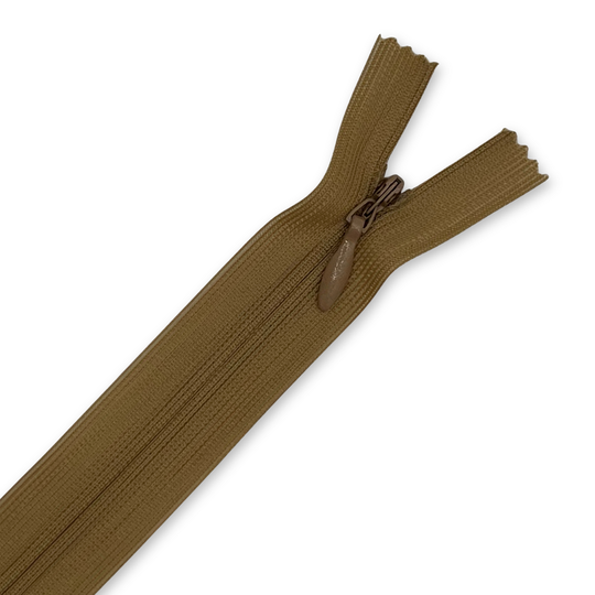 Dark olive green closed-end zipper with plastic teeth and matching pull tab, suitable for garment sewing and bag making projects. image number