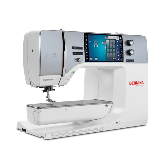 BERNINA B 735 sewing machine with large free arm, extended workspace and color touch screen, shown from the front left on a white background image number