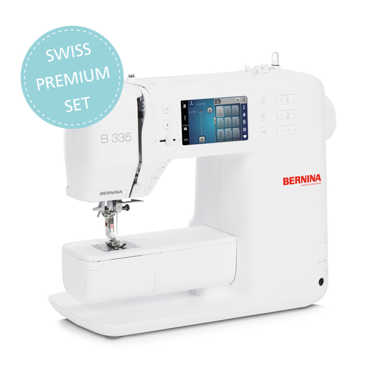 BERNINA 335 sewing machine in white with LCD screen and free-arm, shown as Swiss Premium Set for versatile sewing and quilting projects. image number