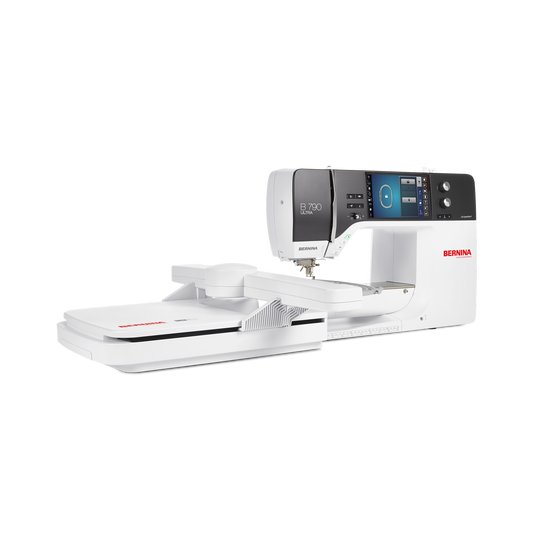 BERNINA 790 Ultra sewing and embroidery machine with large white embroidery module, extended free arm and color touchscreen display on dark head unit image number