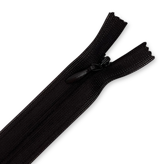 Black closed-end sewing zipper with plastic teeth and pull tab, shown on a transparent background for garment and bag sewing projects. image number