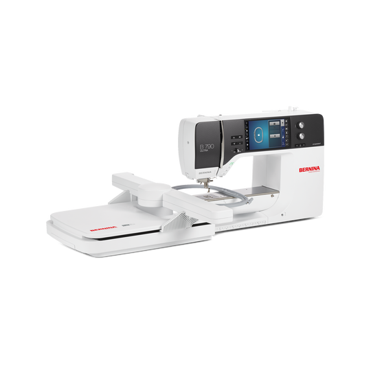 BERNINA 790 ULTRA sewing and embroidery machine with large white embroidery module, extended free arm and color touchscreen on dark front panel image number