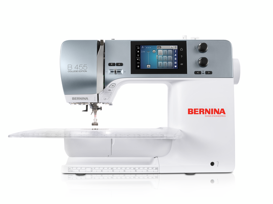 BERNINA 455 sewing machine shown from the front with slide-on extension table, LCD touch screen and free arm for spacious sewing. image number