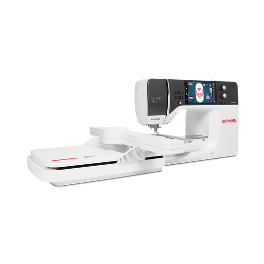 BERNINA 790 PRO Stickmaschine in weisser Ausf&uuml;hrung mit grossem Stickmodul, farbigem Touchscreen und seitlichem BERNINA Logo vor schwarzem Hintergrund image number