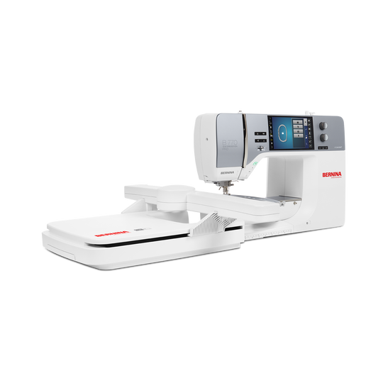 BERNINA 770 QE PLUS mit Stickmodul in seitlicher Ansicht, weisse N&auml;h- und Stickmaschine mit grosser Stickeinheit und Farb-Touchscreen image number