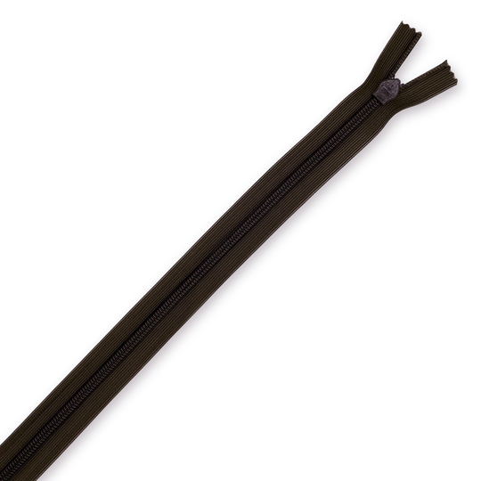Dark brown closed-end zipper laid flat on a white background, showing teeth, pull tab and fabric tape for garment or bag sewing. image number