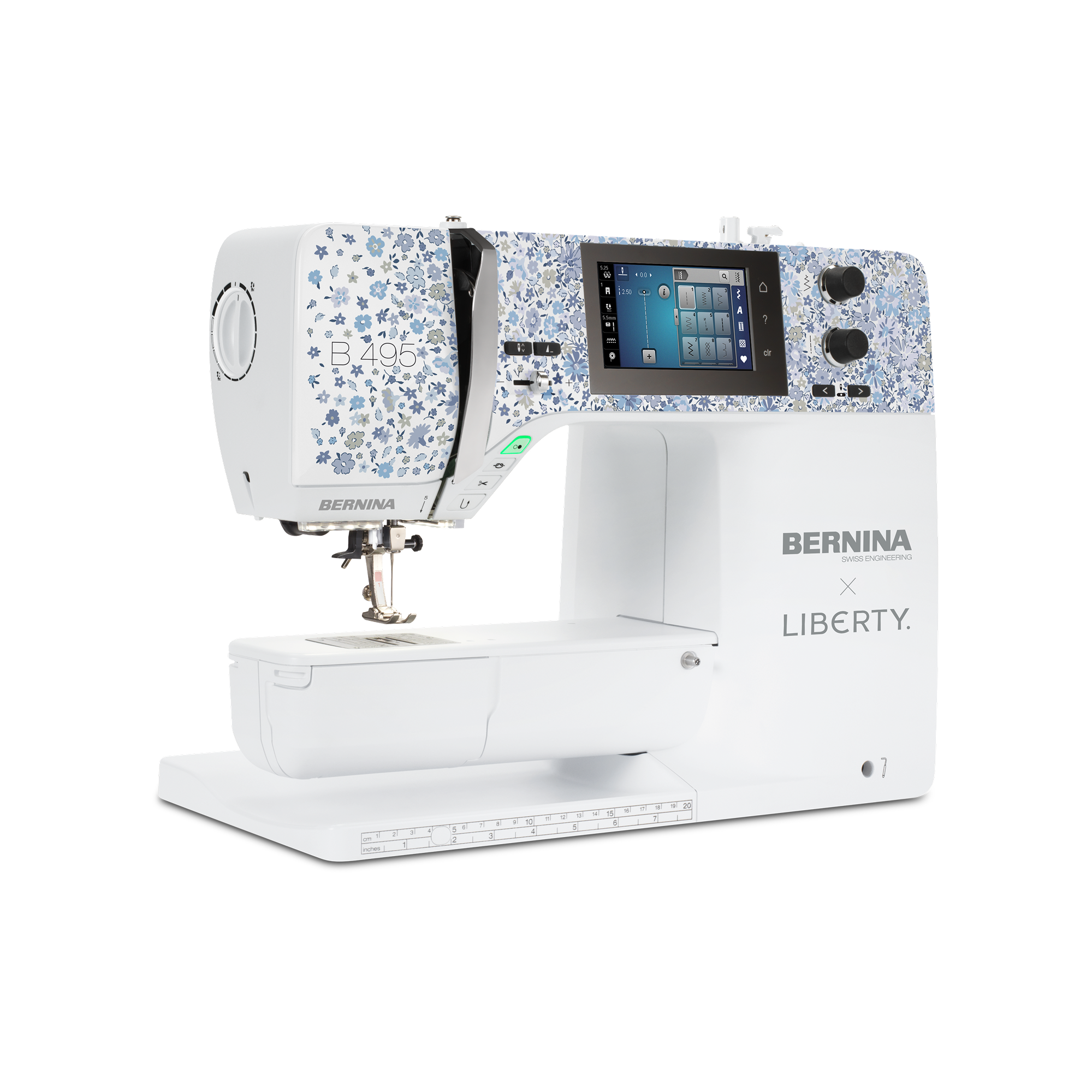 Modern BERNINA LIBERTY sewing machine with white base, blue floral front panel and large color touchscreen for sewing and quilting projects.