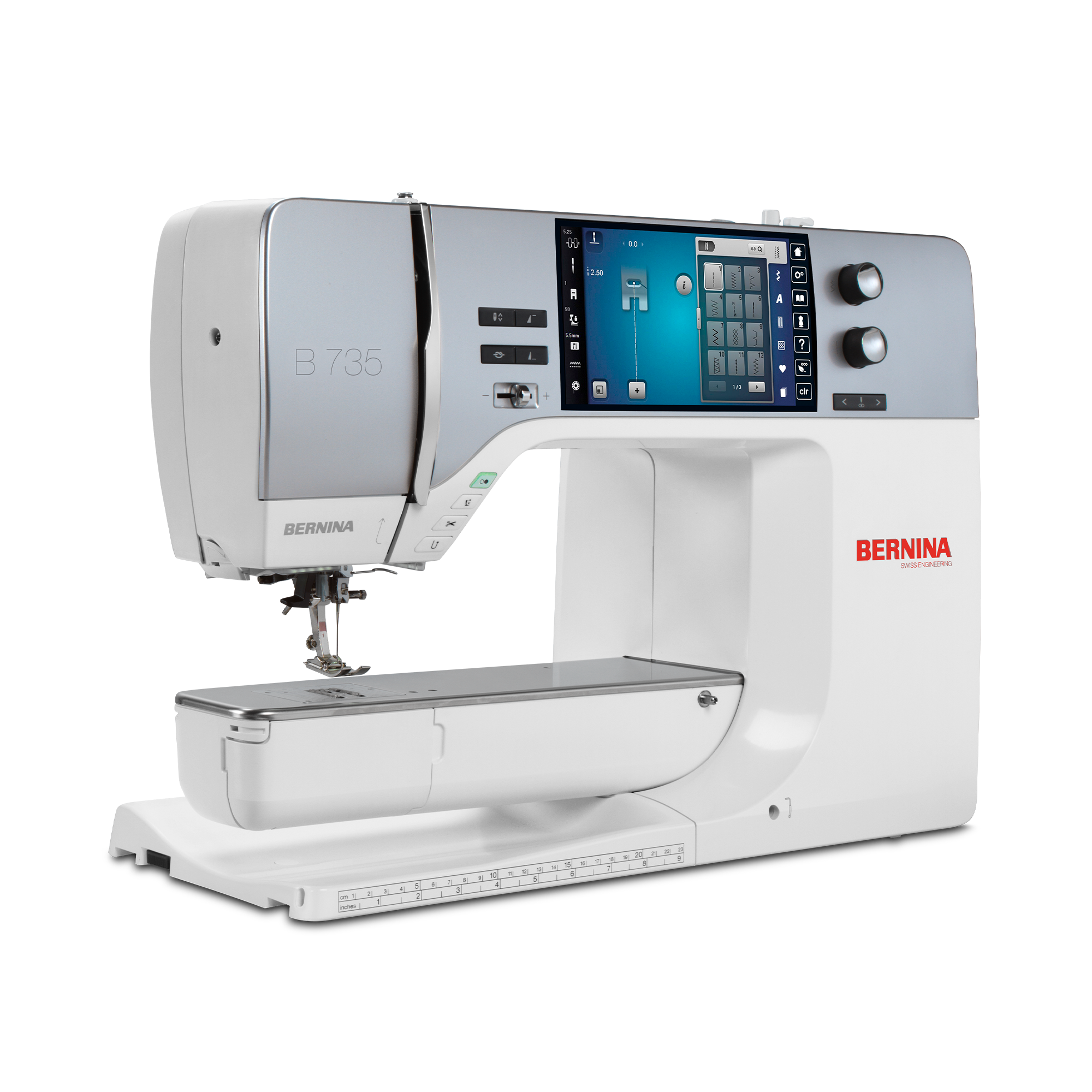 BERNINA B 735 sewing machine with large free arm, extended workspace and color touch screen, shown from the front left on a white background