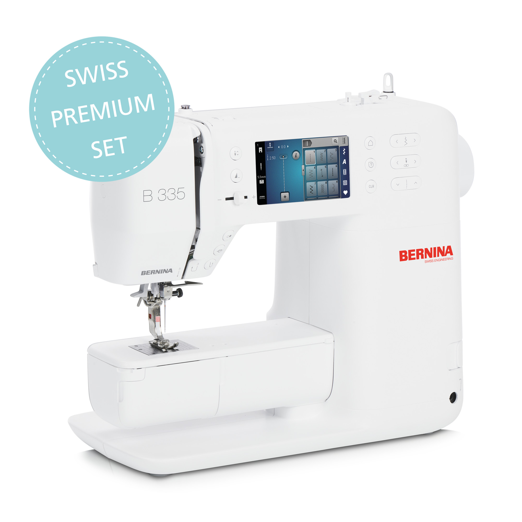 BERNINA 335 sewing machine in white with LCD screen and free-arm, shown as Swiss Premium Set for versatile sewing and quilting projects.