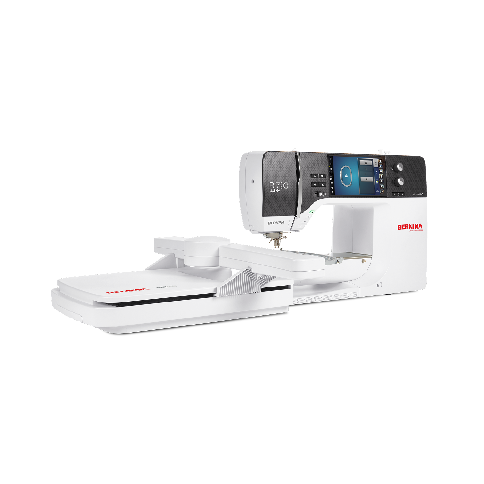 BERNINA 790 Ultra sewing and embroidery machine with large white embroidery module, extended free arm and color touchscreen display on dark head unit