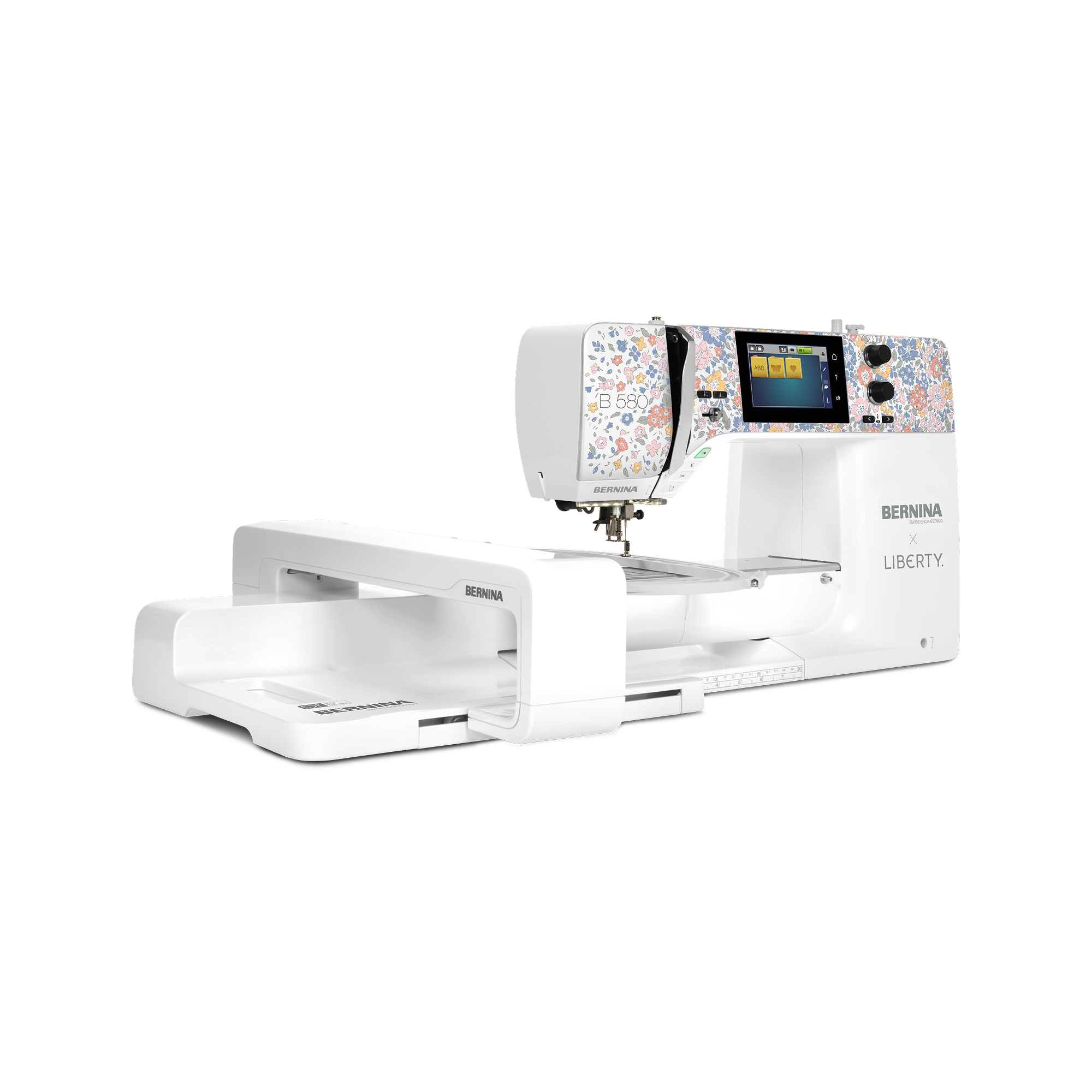 BERNINA 580 Limited Edition sewing and embroidery machine with large embroidery module, color touchscreen and decorative floral faceplate.