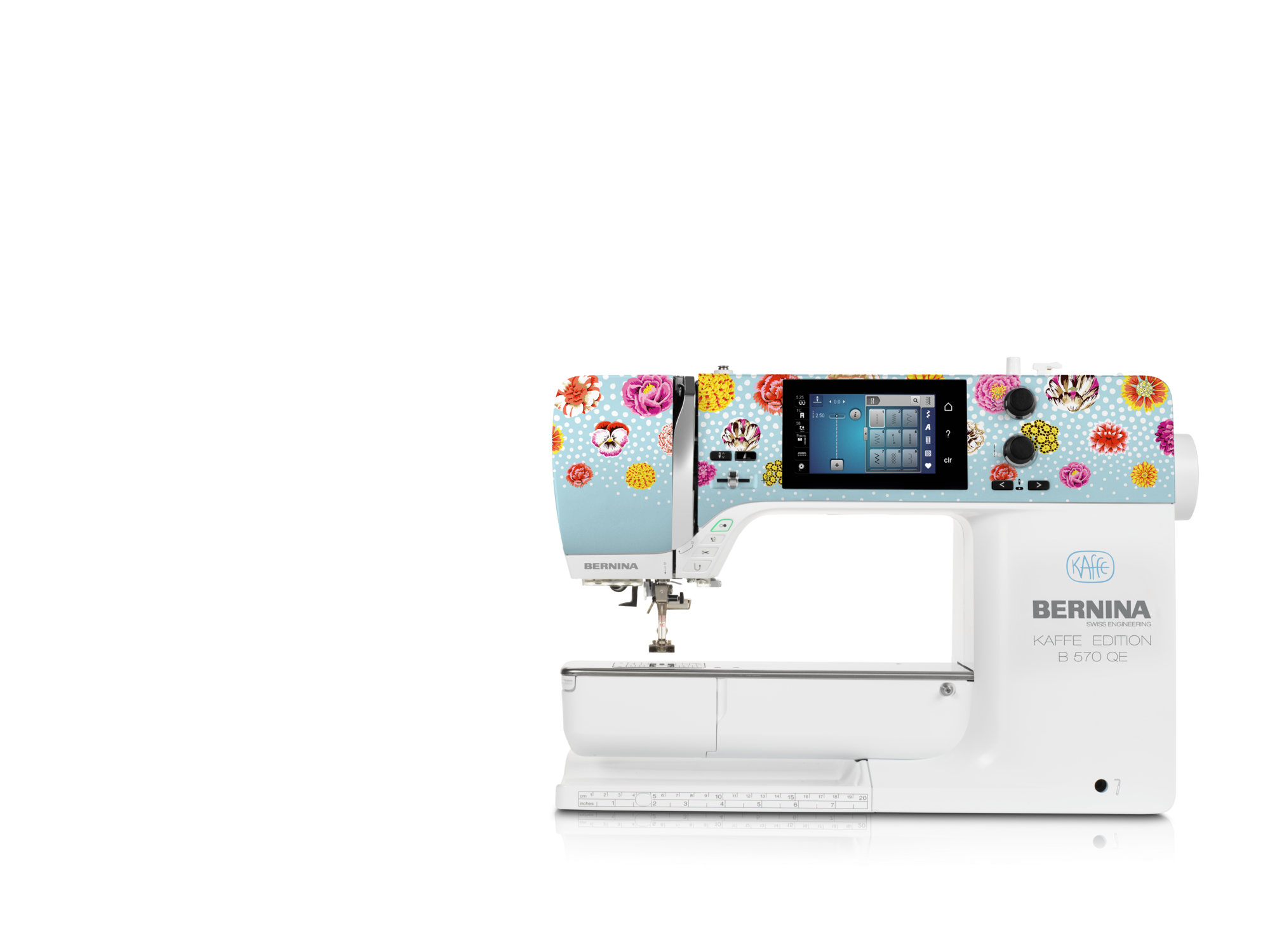 BERNINA 570 QE sewing and quilting machine front view with colorful Tula Pink design and touchscreen, showing spacious free arm and stitch plate