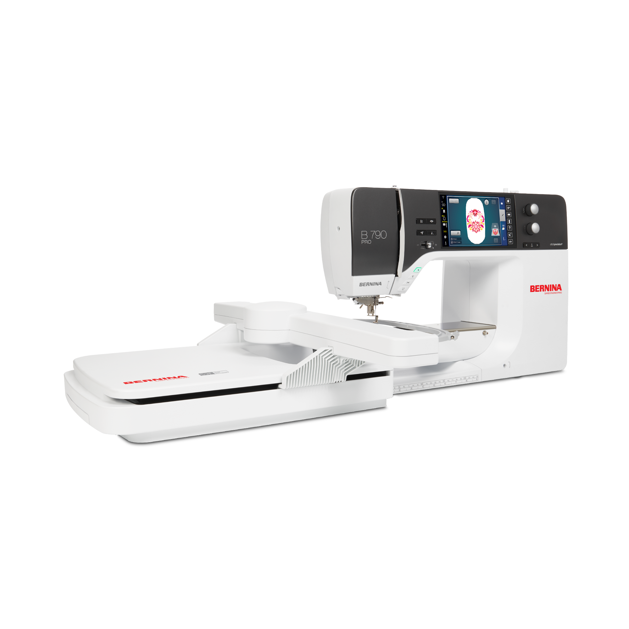 BERNINA 790 PRO Stickmaschine in weisser Ausf&uuml;hrung mit grossem Stickmodul, farbigem Touchscreen und seitlichem BERNINA Logo vor schwarzem Hintergrund