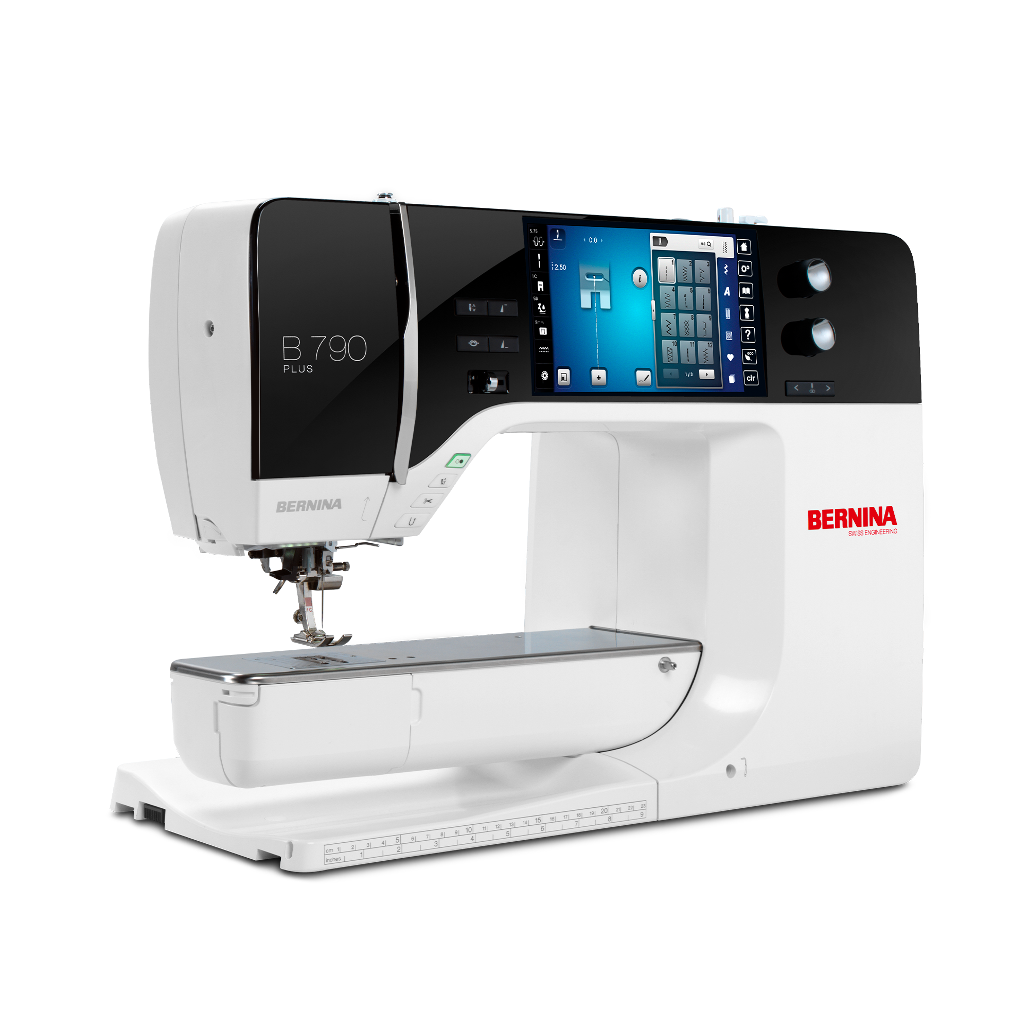 BERNINA B 790 PLUS N&auml;hmaschine in weissem Gehaeuse mit grossem farbigen Touchscreen und freiem Arm, seitlich das rote BERNINA Logo