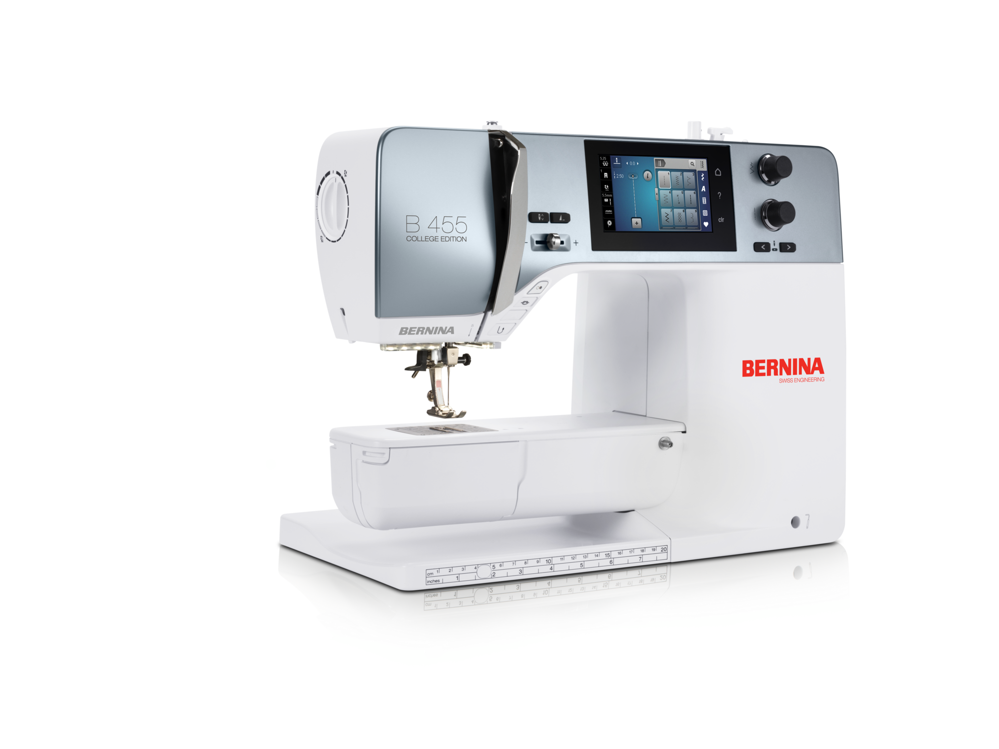 BERNINA 455 sewing machine in white with free-arm extension, color touchscreen and modern controls for precise sewing and quilting projects