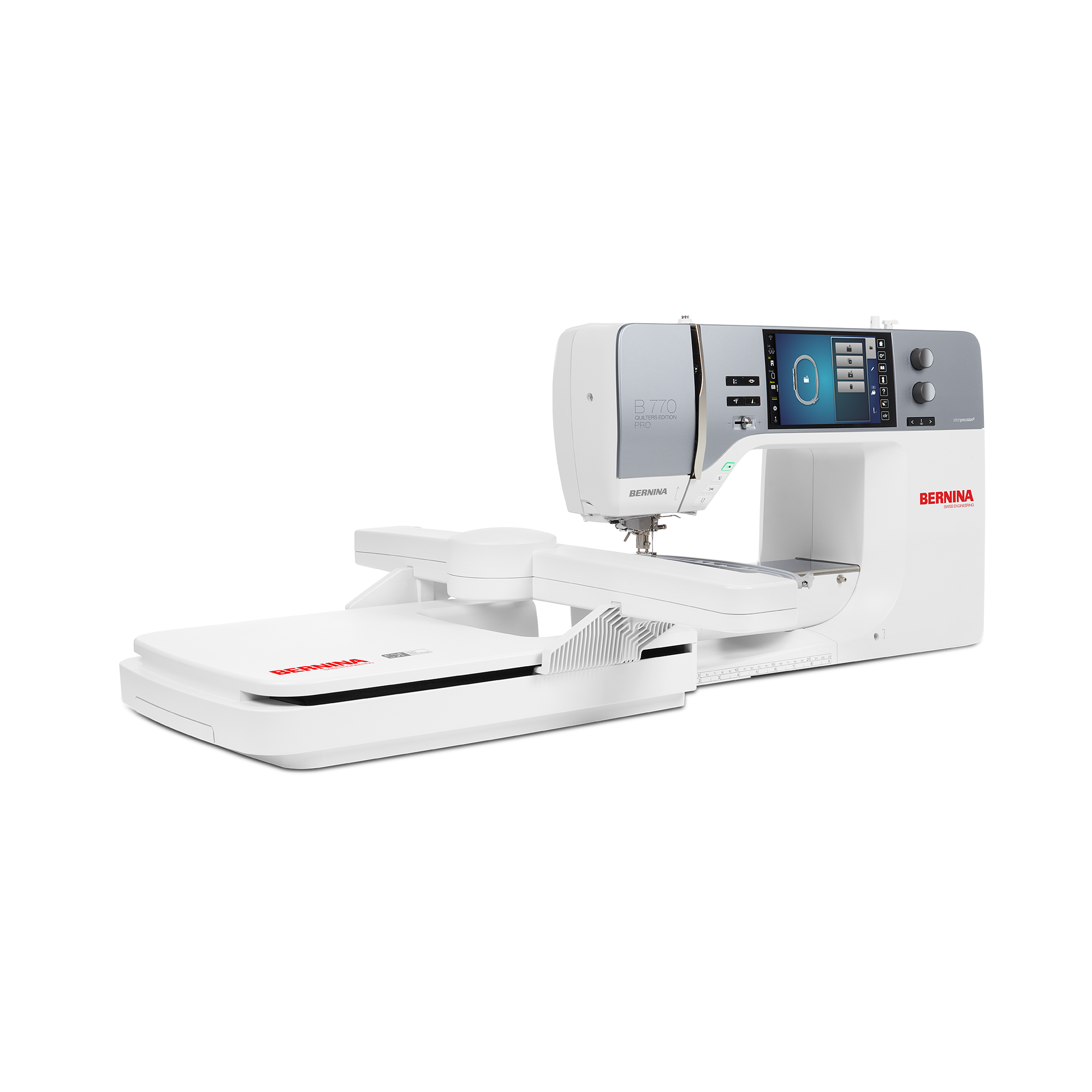 BERNINA 770 QE PLUS mit Stickmodul in seitlicher Ansicht, weisse N&auml;h- und Stickmaschine mit grosser Stickeinheit und Farb-Touchscreen