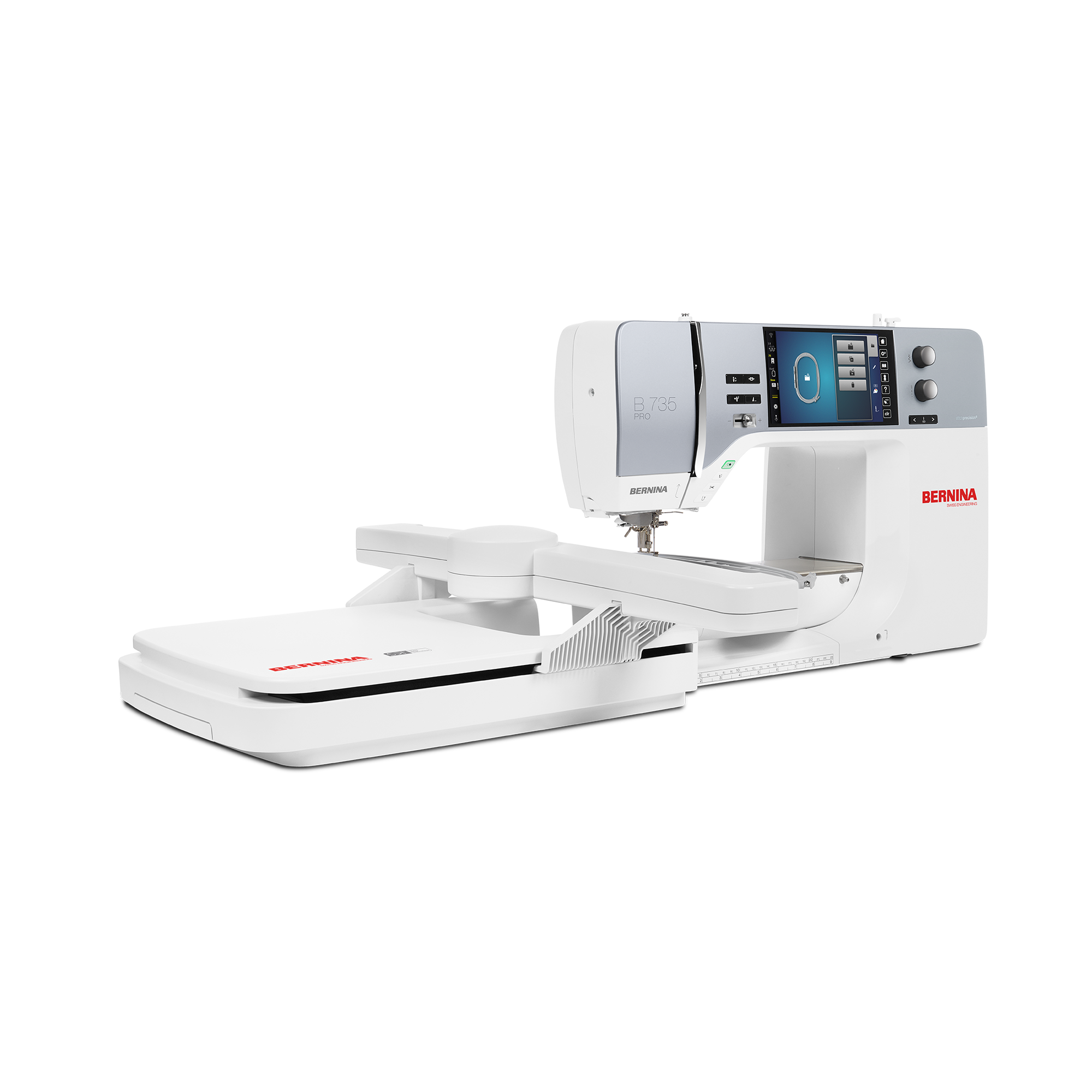 BERNINA 735 PRO N&auml;hmaschine mit grossem Stickmodul in Seitenansicht, mit Farb-Touchscreen und weisser, moderner Geh&auml;usegestaltung
