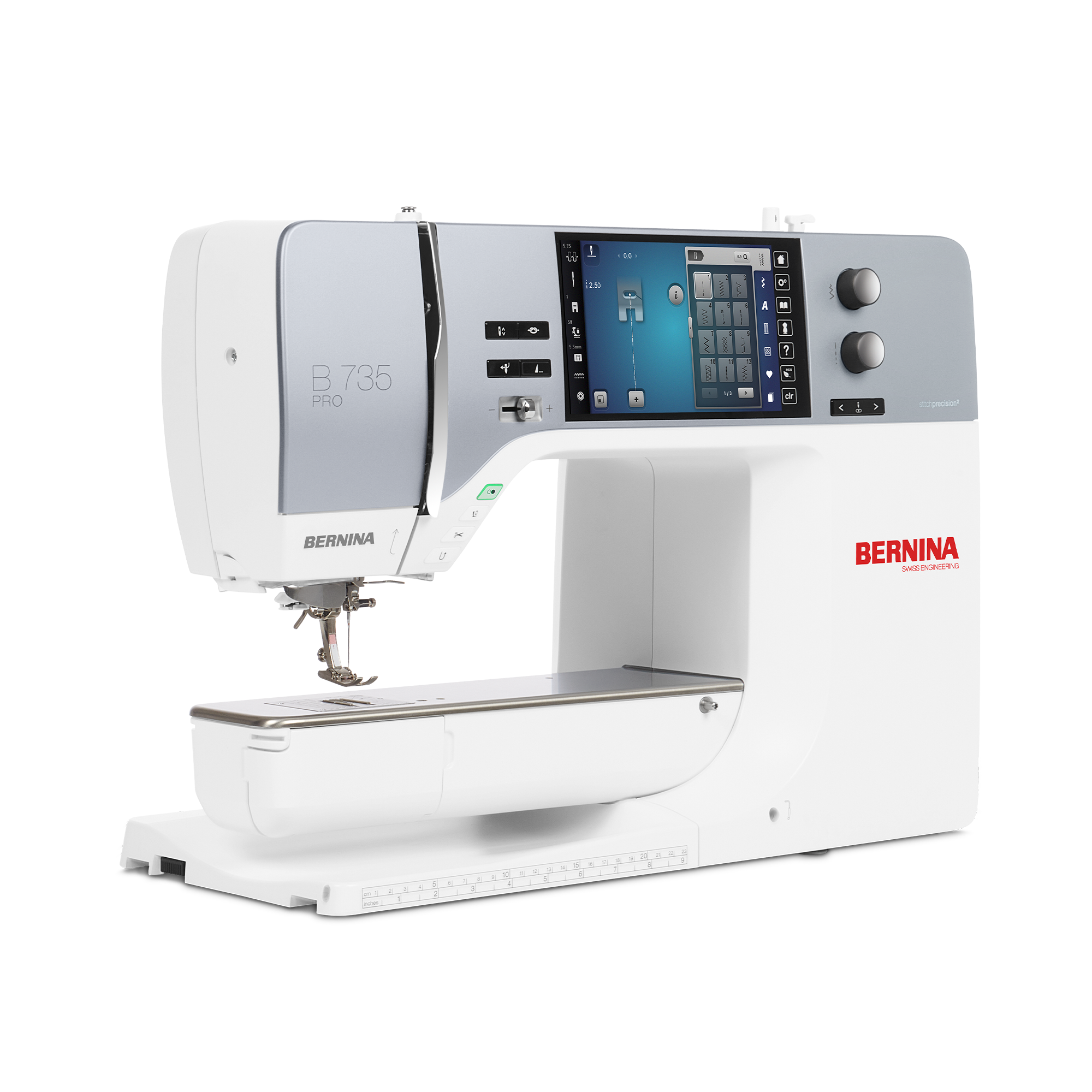 BERNINA 735 PRO N&auml;hmaschine in Weiss mit grossem Farb-Touchscreen und modernem Design, seitlich schraeg von vorne freigestellt dargestellt